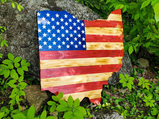 30-inch Rustic Hand-Painted Wooden Ohio Flag Wall Art | USA Patriotic Cabin Decor | Nature-Inspired Statement Piece