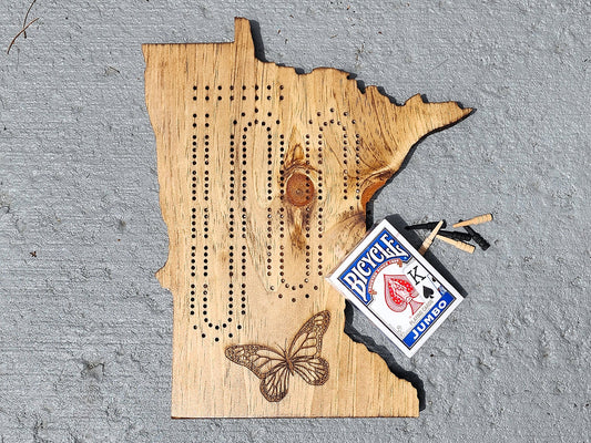 Minnesota Personalized Cribbage Board, Two Track, Continuous Track with Pegs, Wooden Game, State Gift, Handmade