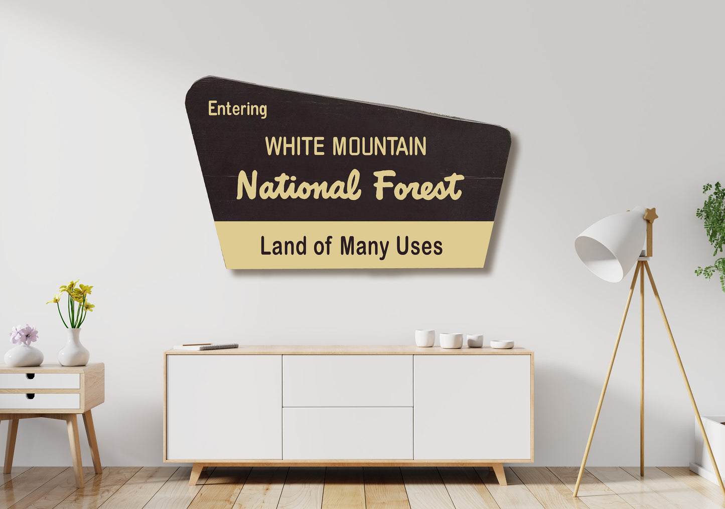 36" CARVED Lighter Yellow White Mountain National Forest Sign | Hand Painted New Hampshire Art |