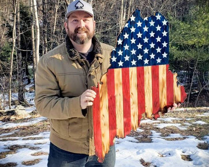36-inch Tall Maine State Flag Wooden Wall Art - Rustic Nature Cabin Decor - Handmade USA Military Veteran Sign