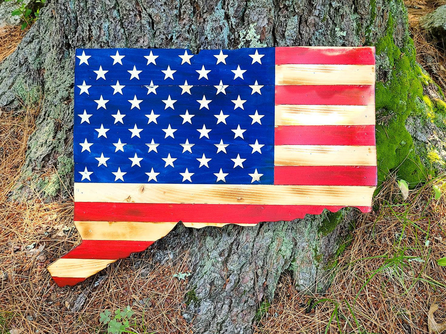 36-inch Hand-Painted Connecticut State Flag Wooden Wall Art: Rustic Patriotic USA Decor for Home & Cabin