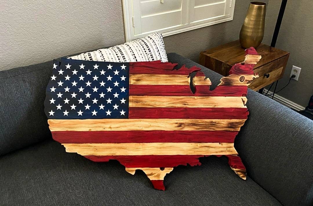 36-inch Rustic Wooden USA Flag Wall Art - Patriotic Decor, Hand-Painted Stars & Stripes, Veteran Gift