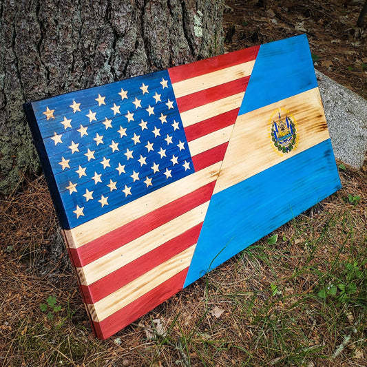 36" Two Country Flag, Wall Art, Heritage Decor, Wedding Gift, Hand Painted, Stars, Stripes, Gift for Veterans, Rustic Flag