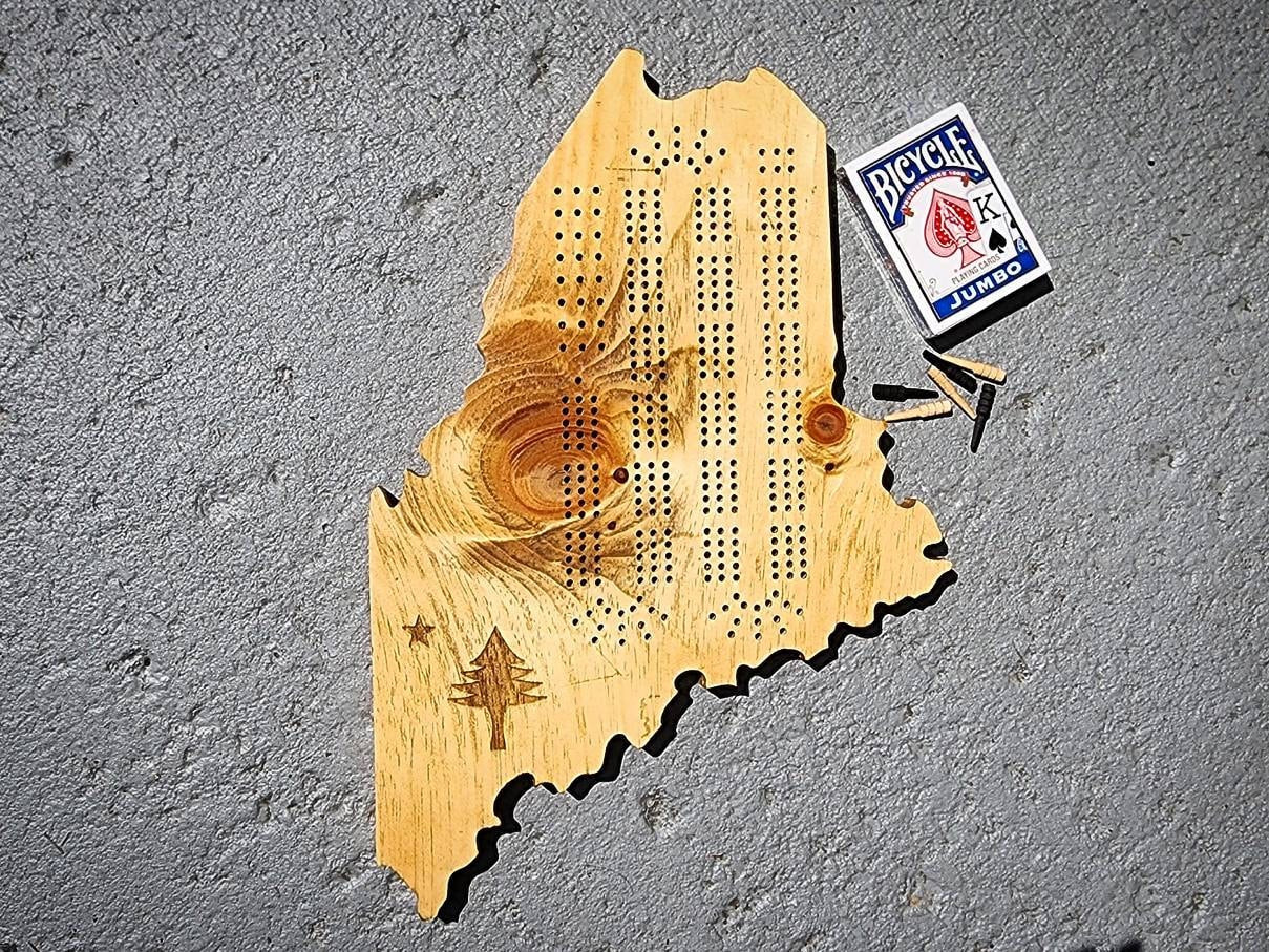 Maine Cribbage Board, 3 Track Continuous Track with Pegs, Wooden Game, State Gift, Gift for Gamer, Game Board, Gift for Him, Gift for Her