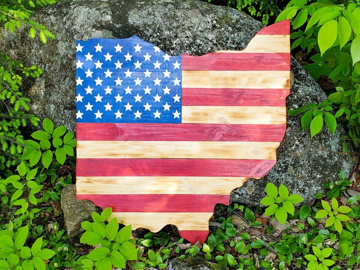 30-inch Rustic Hand-Painted Wooden Ohio Flag Wall Art | USA Patriotic Cabin Decor | Nature-Inspired Statement Piece